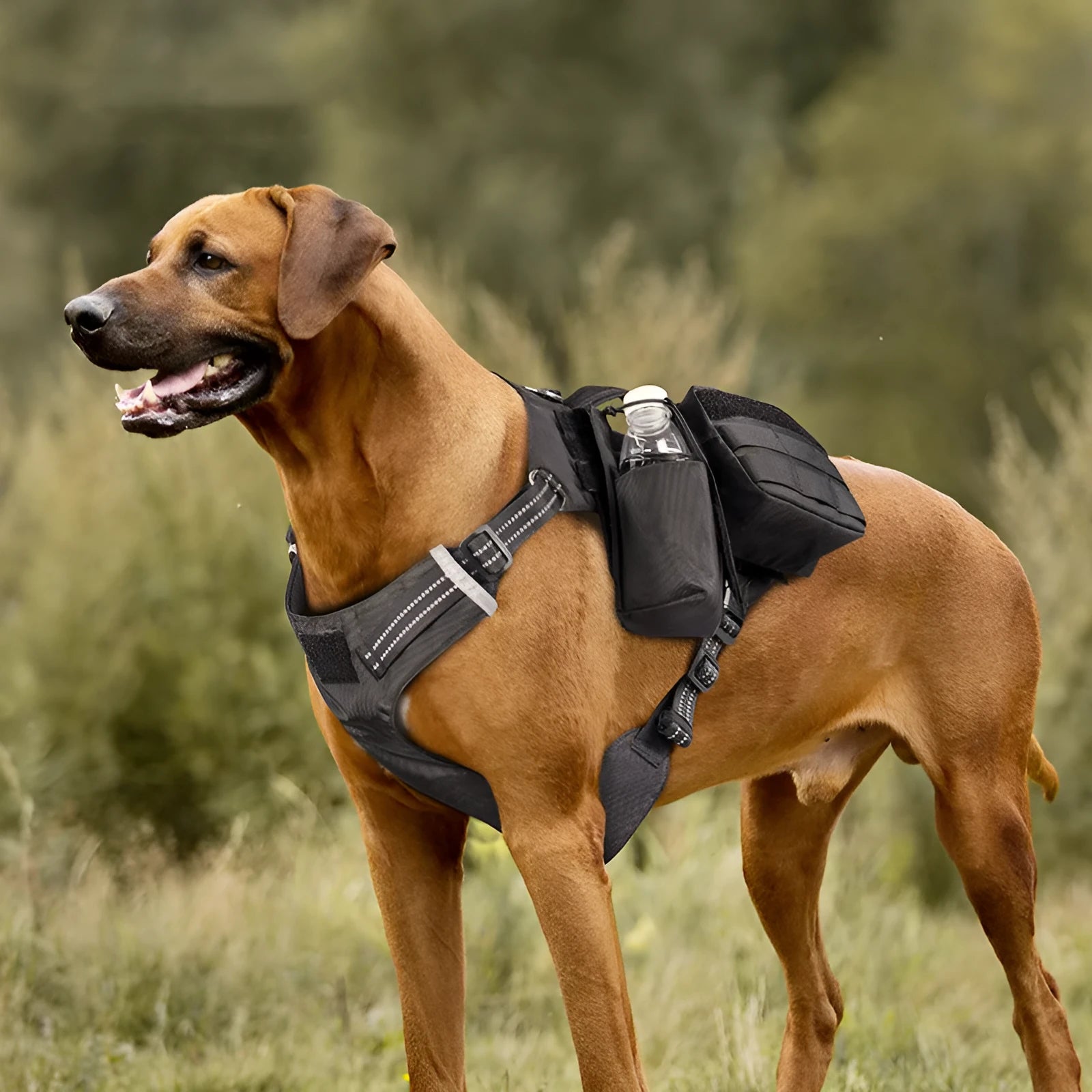 Nylon dog chest strap harness in army green on white background, size M