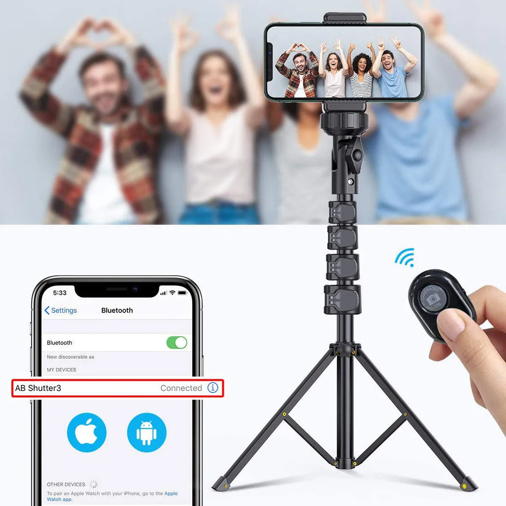Black selfie stick tripod with 5 sections, aluminium alloy, shrink height 45cm, compatible with iPhone