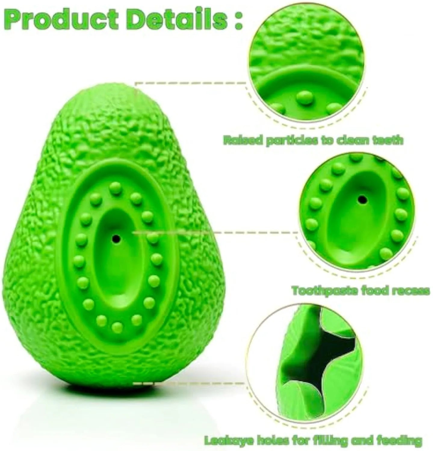 Green natural rubber dog chew toy with textured avocado design for aggressive chewers