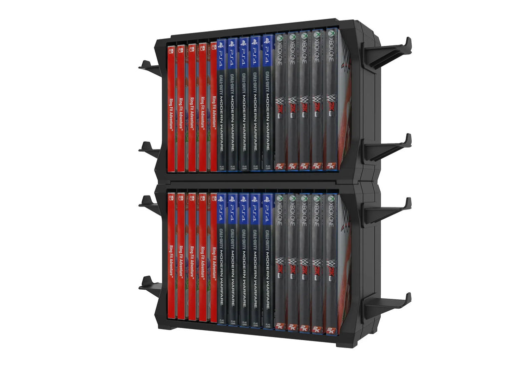 Black PS5 disc holder and console stand with game cartridge compartments and controller charging dock