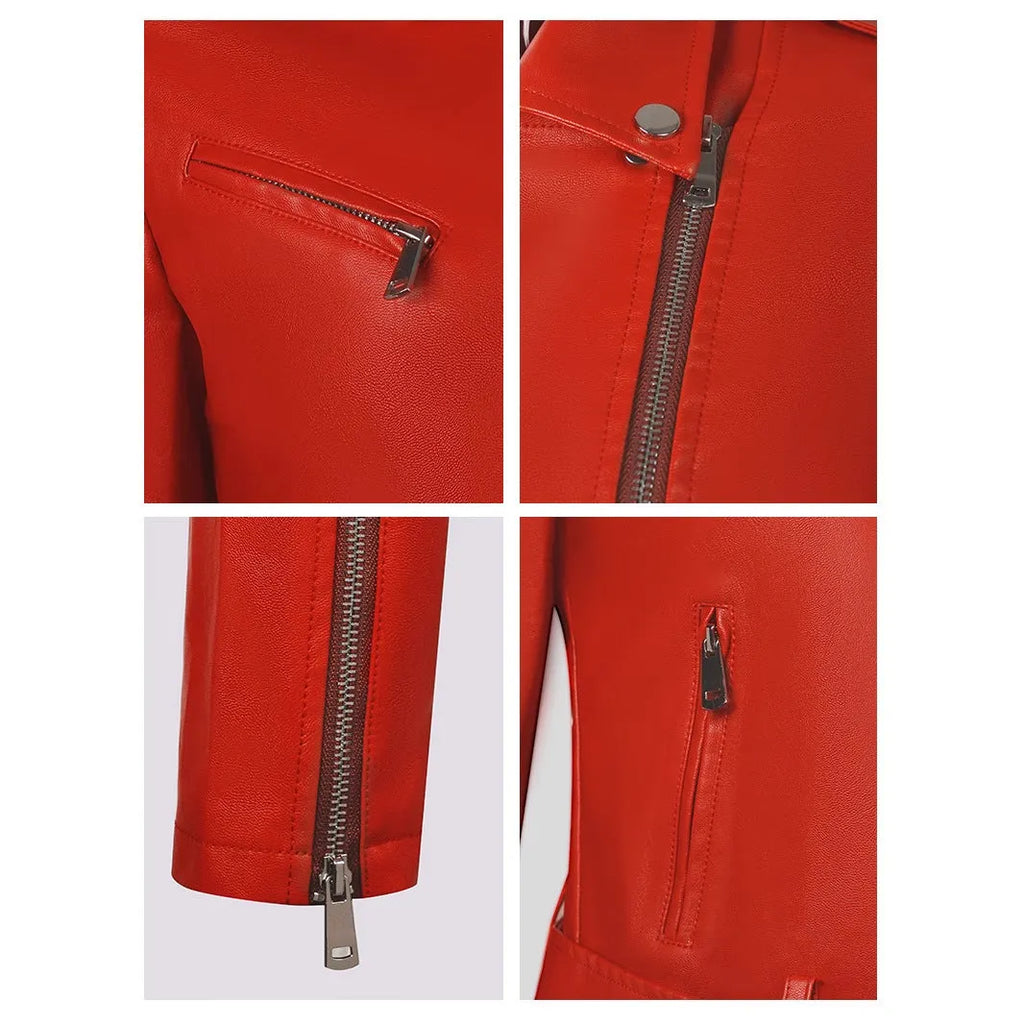 Women's black PU leather motorcycle jacket with lapel collar and waist belt on hanger.