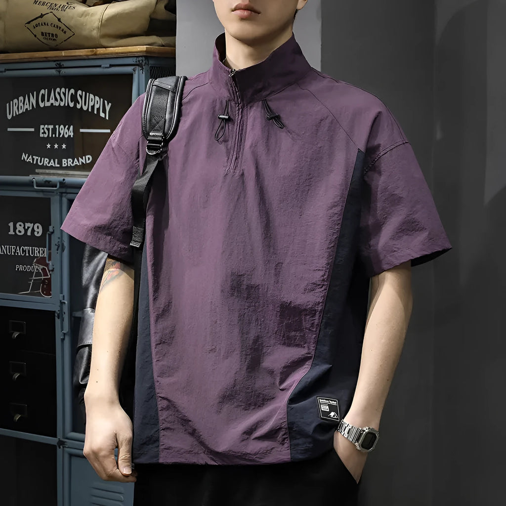 Men's brown half-zip stand collar business shirt with short sleeves and loose fit