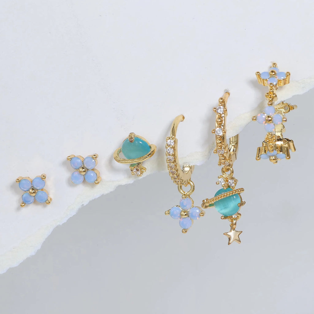 Japanese Korean style flower nail protein ear studs in gold or silver with zircon mosaic detailing
