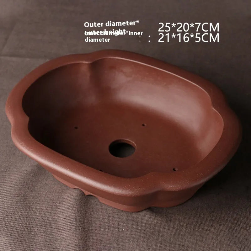 Handmade purple clay bonsai basin in classical plain Chinese style, measuring 25x20x7cm