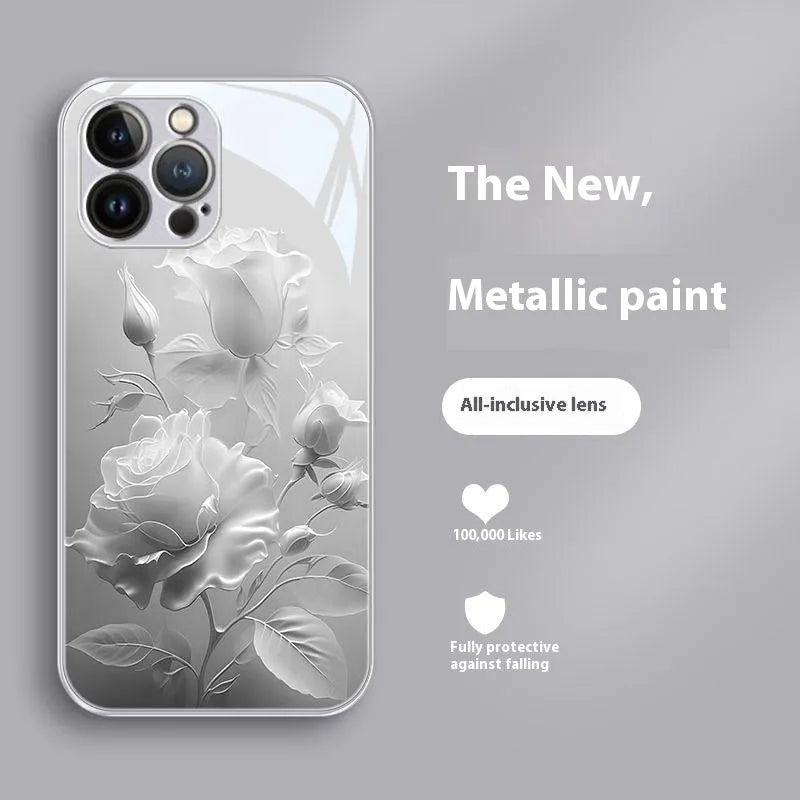 Blooming rose painted tempered glass phone case in pink colour for iPhone 12-15 series