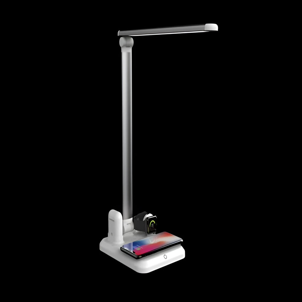 Black and white 4-in-1 LED desk lamp with wireless charging pad showing USB-C port