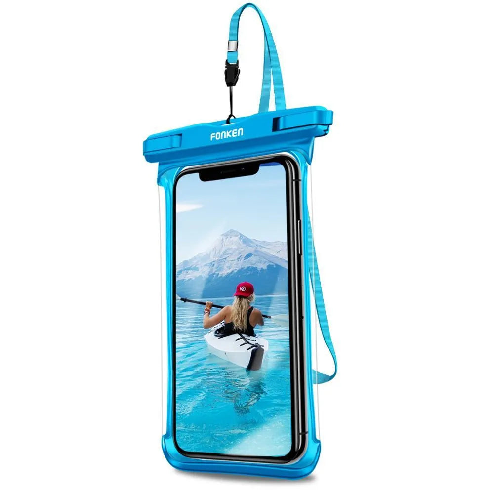 Transparent mobile phone waterproof diving bag with double ring seal, in black, holding a smartphone