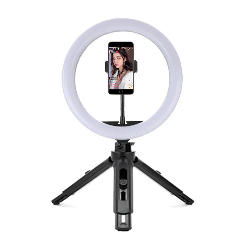 10-inch circular ring light on adjustable metal bracket for smartphone photography