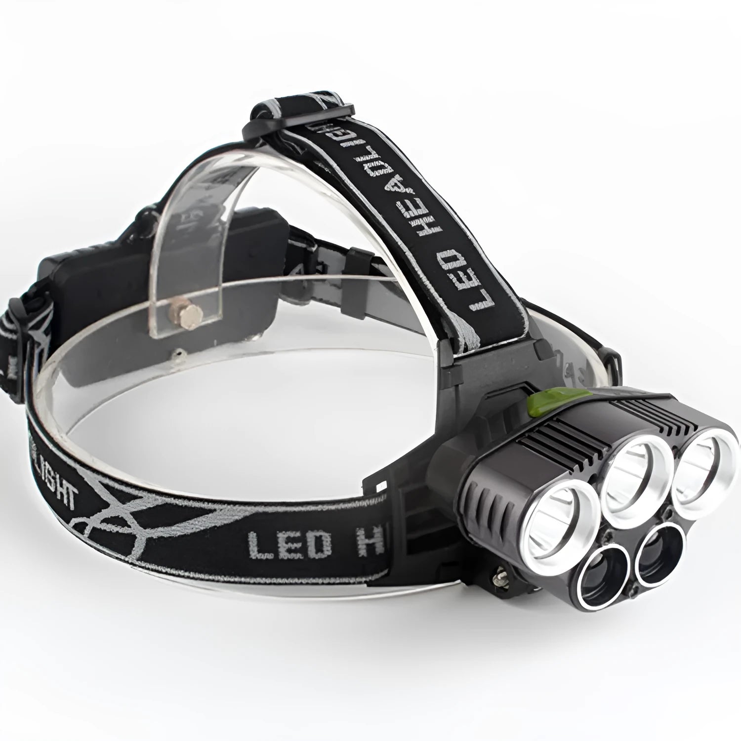 Fixed focus camping head torch with long range beam on a headband, shown with its rechargeable battery and charger.