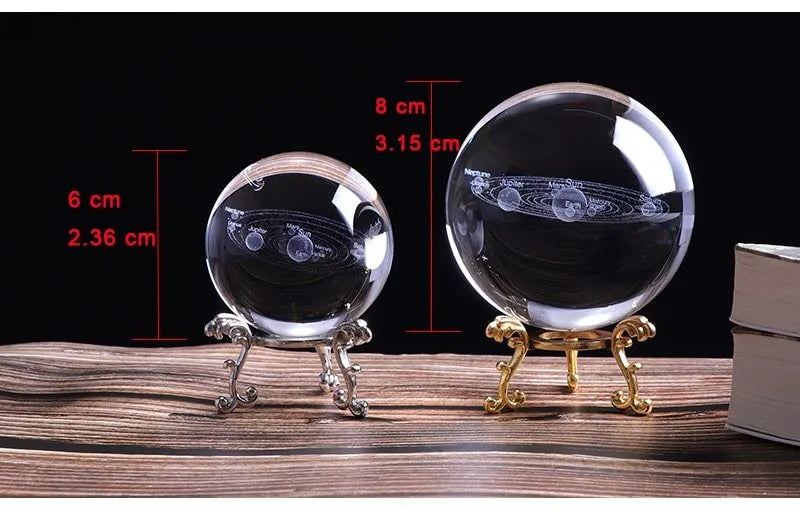 K9 crystal solar system ball with planets etched inside on a crystal base, 80mm diameter