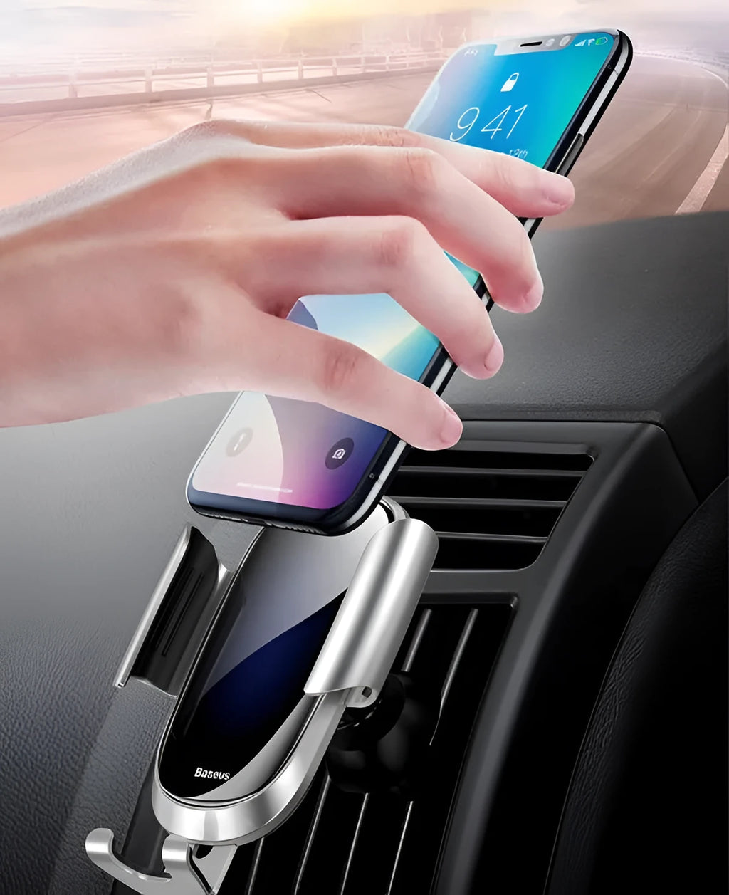 A universal smart car bracket for dashboard mounting, shown in black, blue, and silvery colour options.
