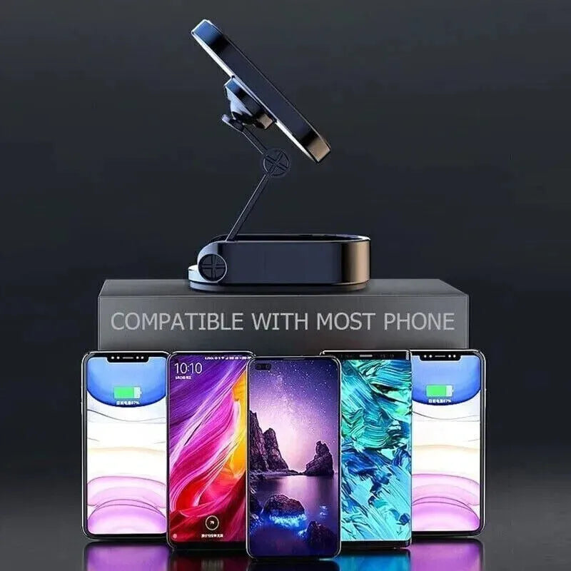 Chrome magnetic car phone holder with 360-degree rotation on dashboard