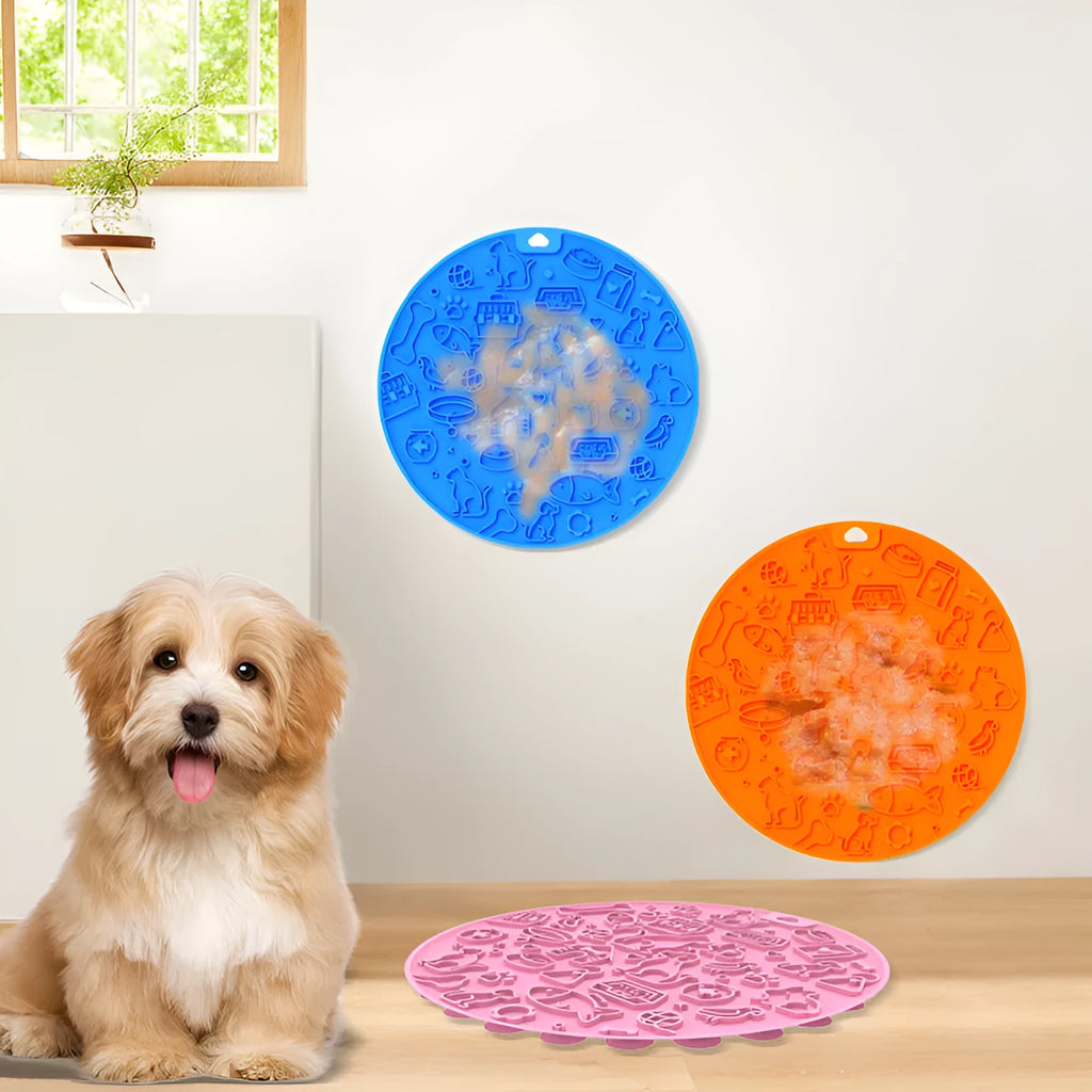 Round silicone pet licking mat with textured grooves and a sucker base, shown in blue colour.