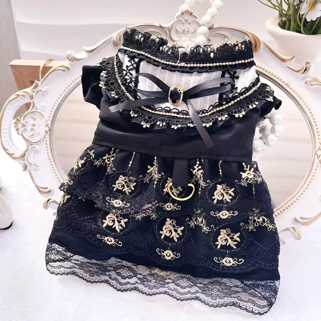 Golden gothic princess style skirt clothing for cat or dog on mannequin