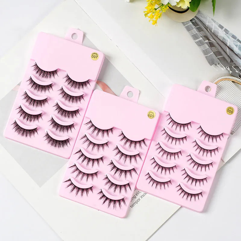 Set of manga-style false eyelashes showing three wispy designs with black plastic bands.