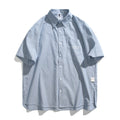 Blue striped overalls short-sleeved shirt for men and women cotton blend cardigan style loose fit