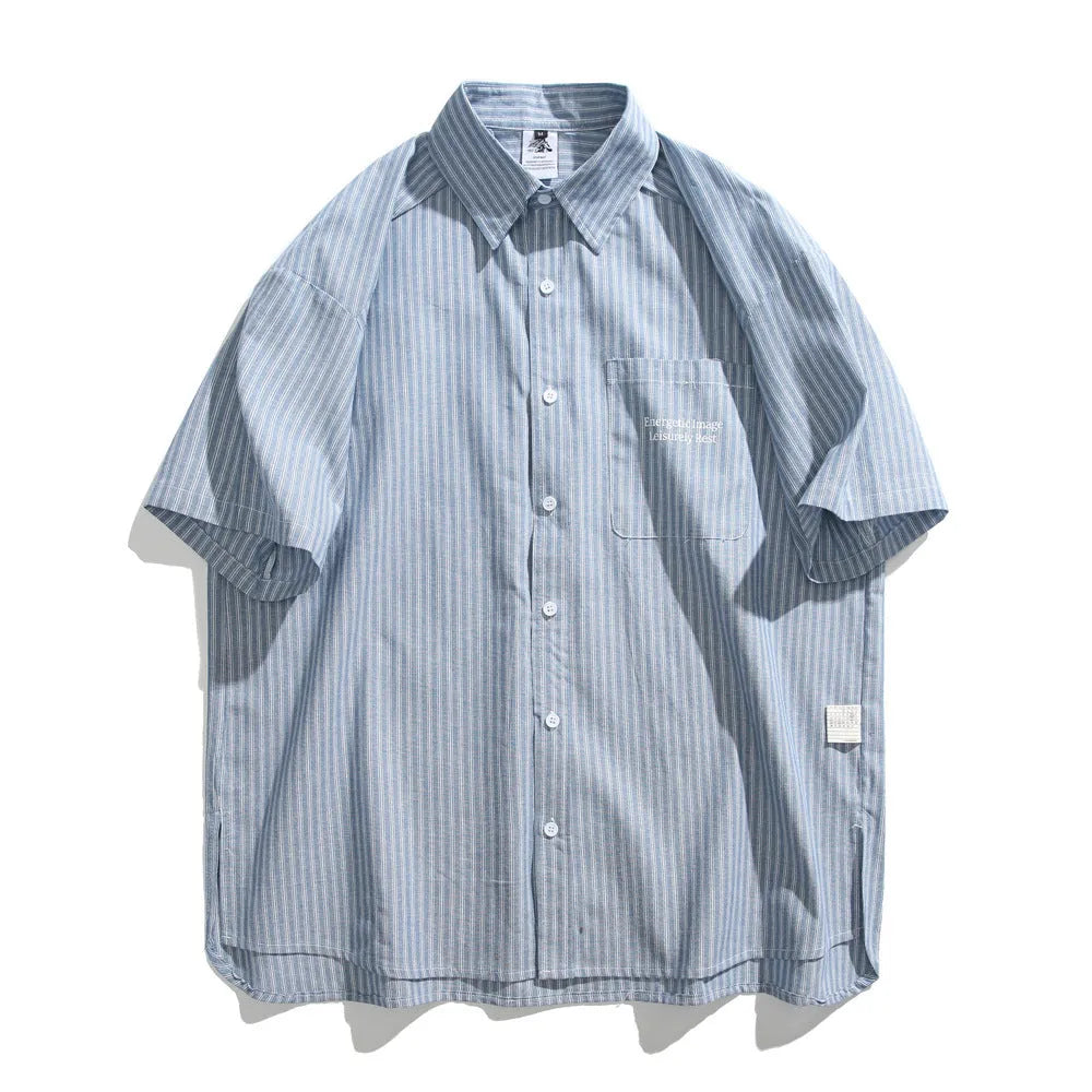 Blue striped overalls short-sleeved shirt for men and women cotton blend cardigan style loose fit