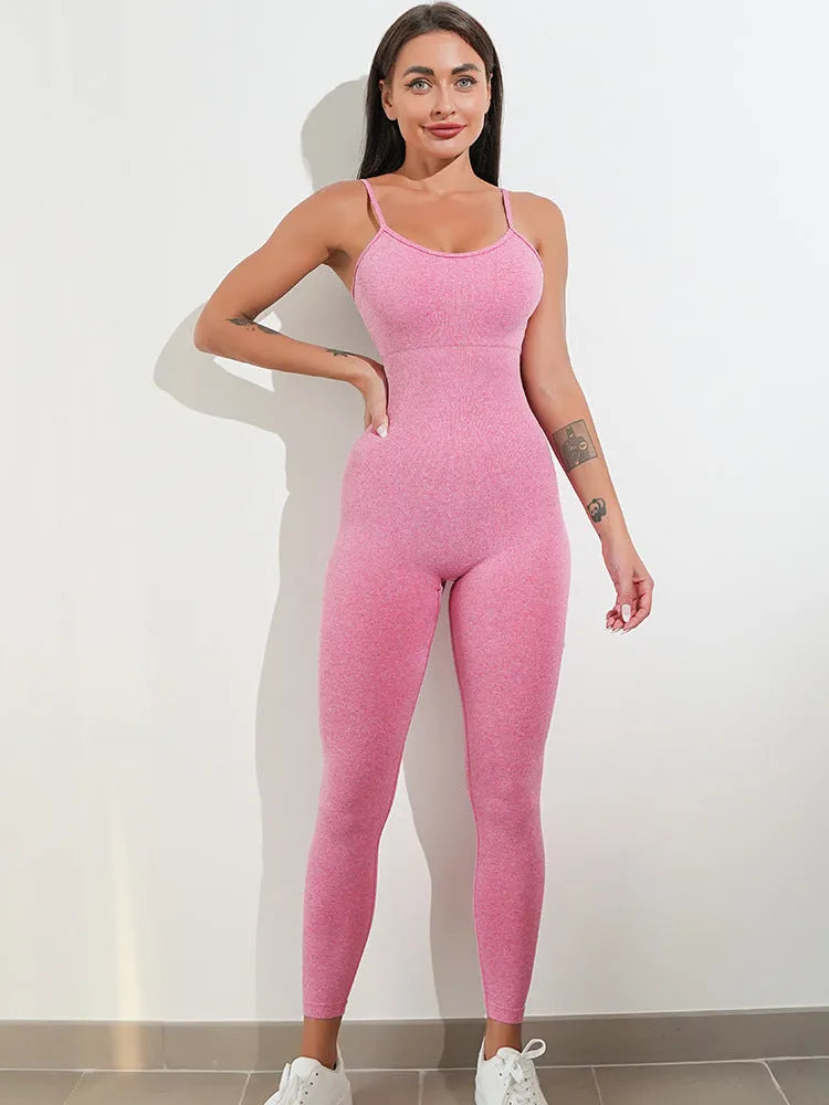 Women's black unitard jumpsuit with spaghetti straps and tummy control design