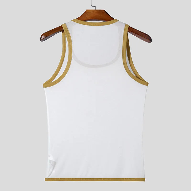Men's fitness tight mesh style vest in solid colour with straight hem, white or black