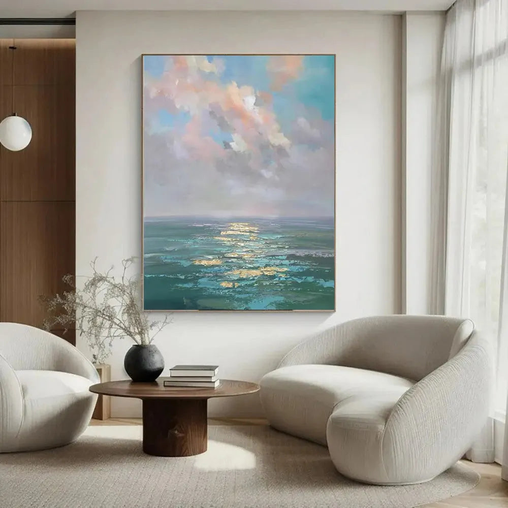 Handmade oil painting canvas wall art, modern abstract ocean landscape, rolled frameless, 40x60cm to 120x180cm