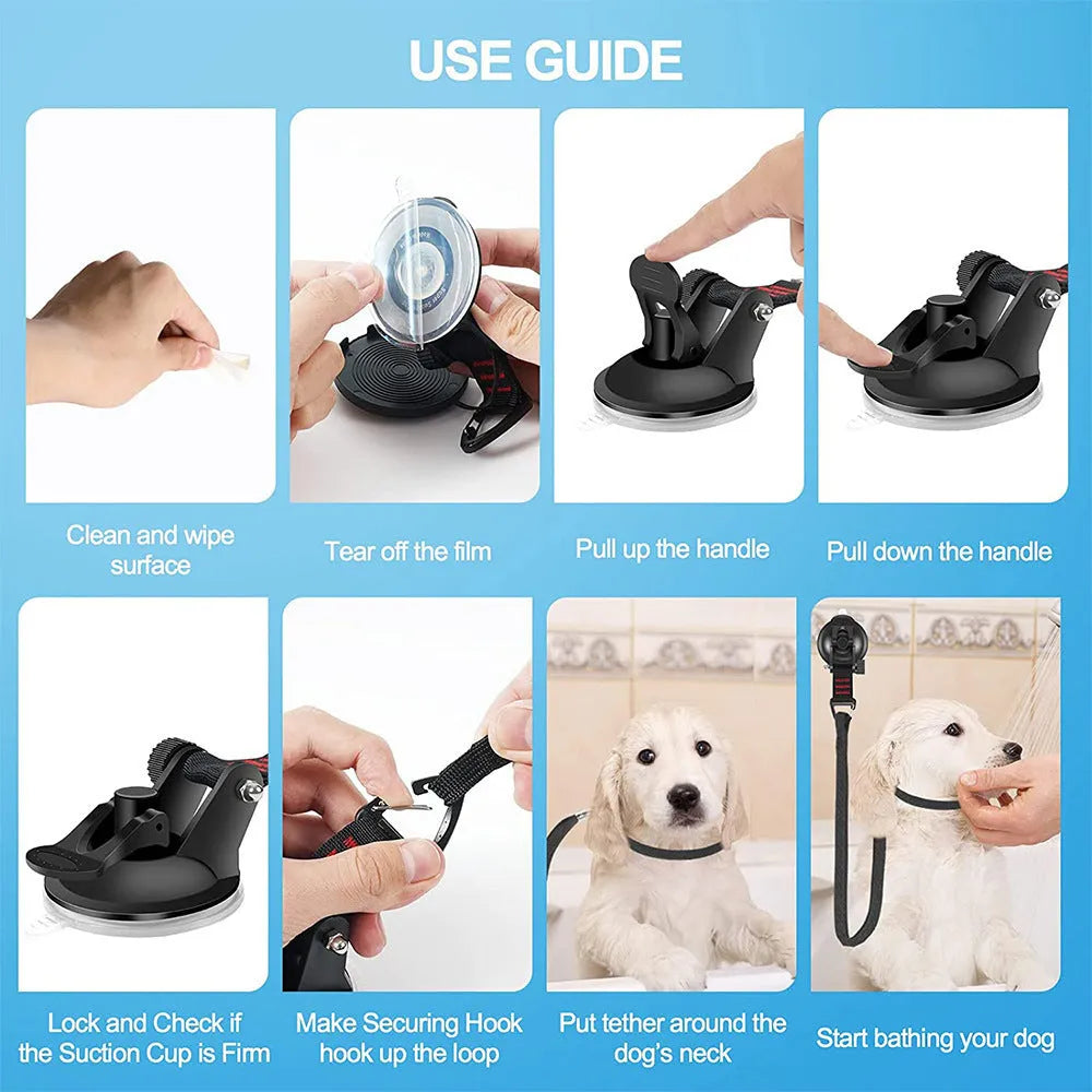 Pet bathing restraint with adjustable rope, handcuffs, and suction cups in black or blue colours