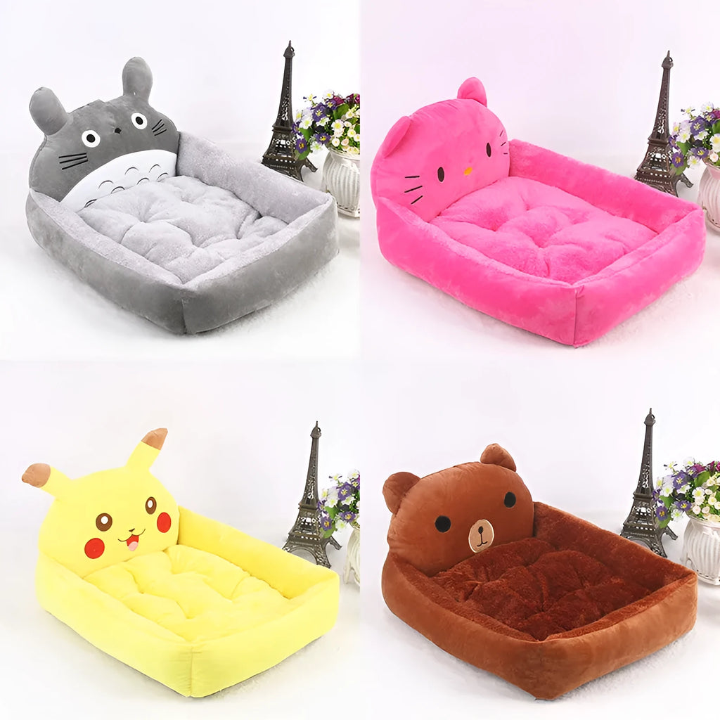 Cartoon-style plush pet sofa bed for small dogs and cats with a washable cover.