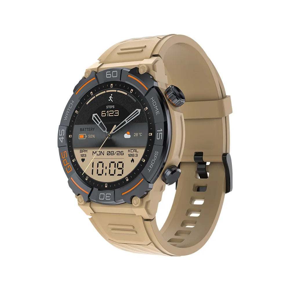 Smart watch with Bluetooth calling and health monitoring, TFT screen, available in Black, Khaki, and Silver Orange