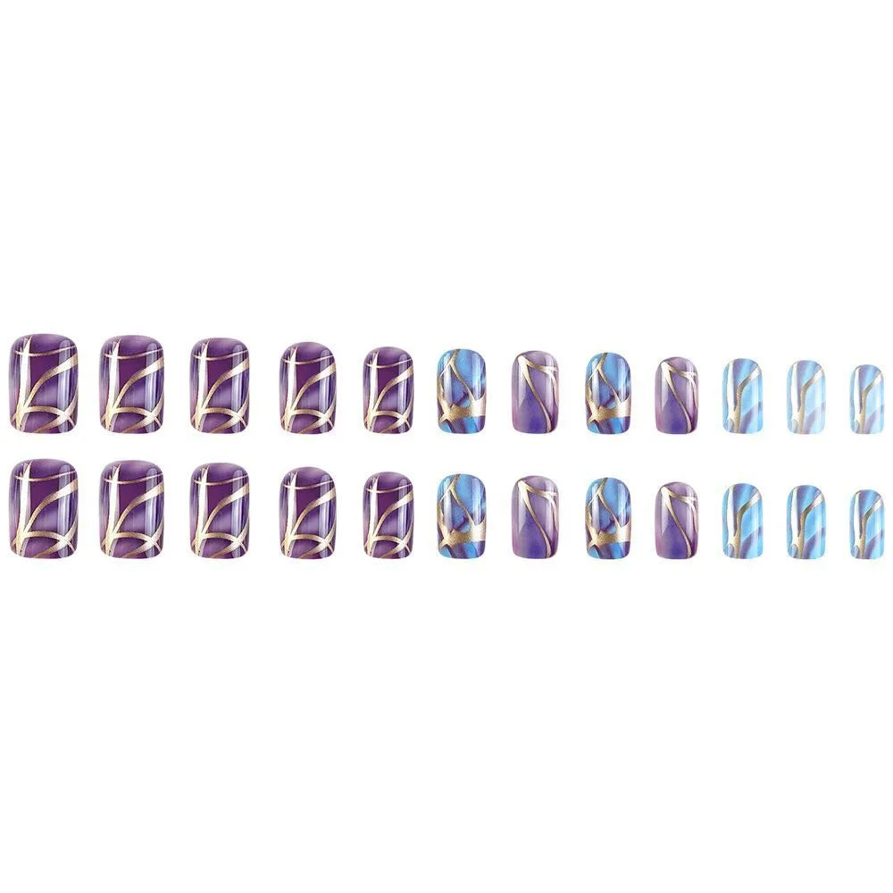 Purple striped mid-length nail stickers with European and American style on a light background