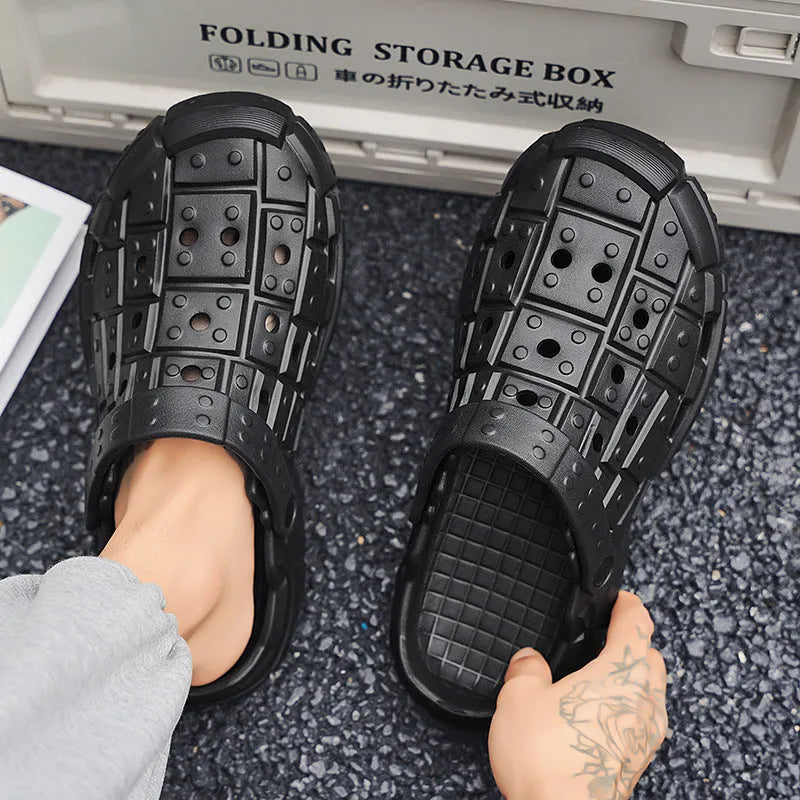 Men's non-slip thick bottom EVA hole sandals in black, gray, and sand colour