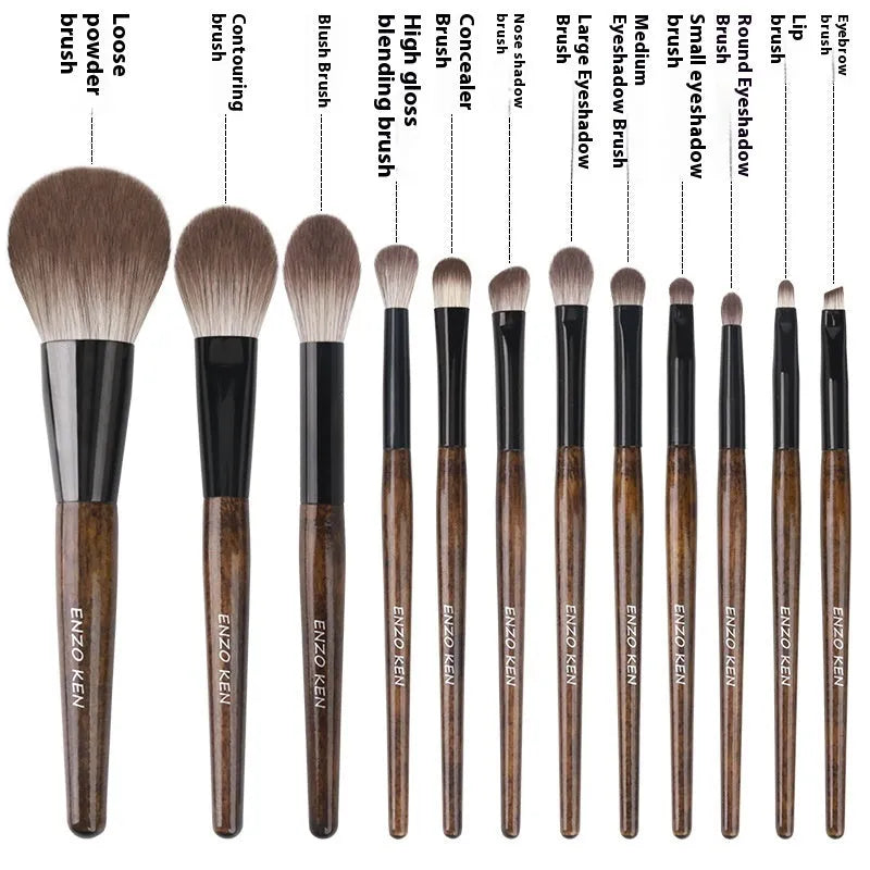 12-piece makeup brush set with wooden handles in a black PU zip-up case.