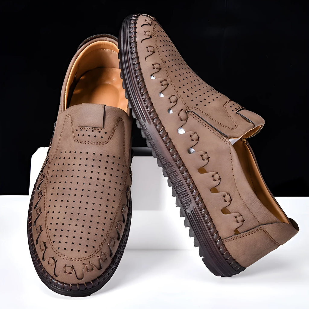 Men's brown slip-on leather casual shoes with round toe and visible stitching details