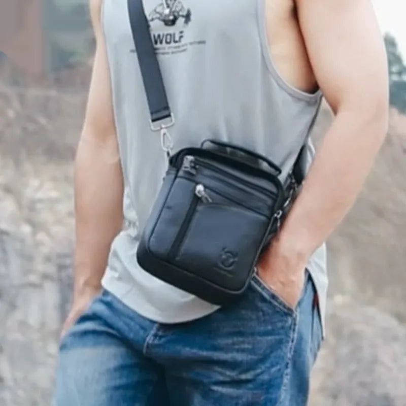 Men's genuine leather shoulder messenger bag solid black colour retro style