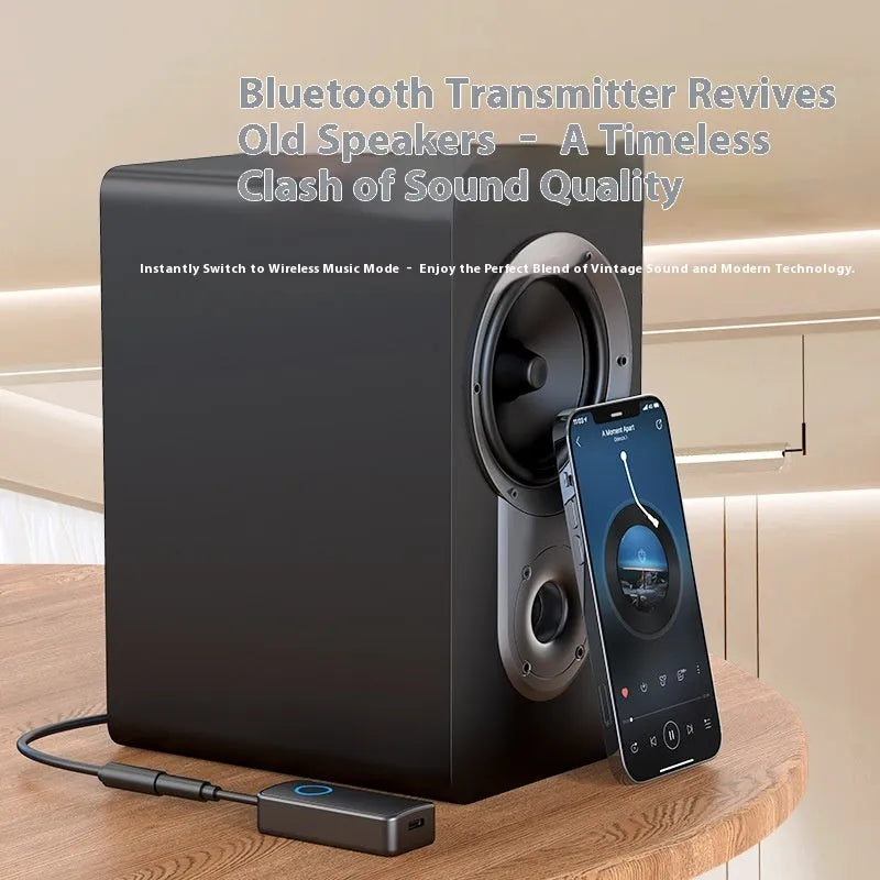 Bluetooth 5.4 audio adapter with 3.5mm plug, black ABS casing, for wireless streaming to speakers or headphones