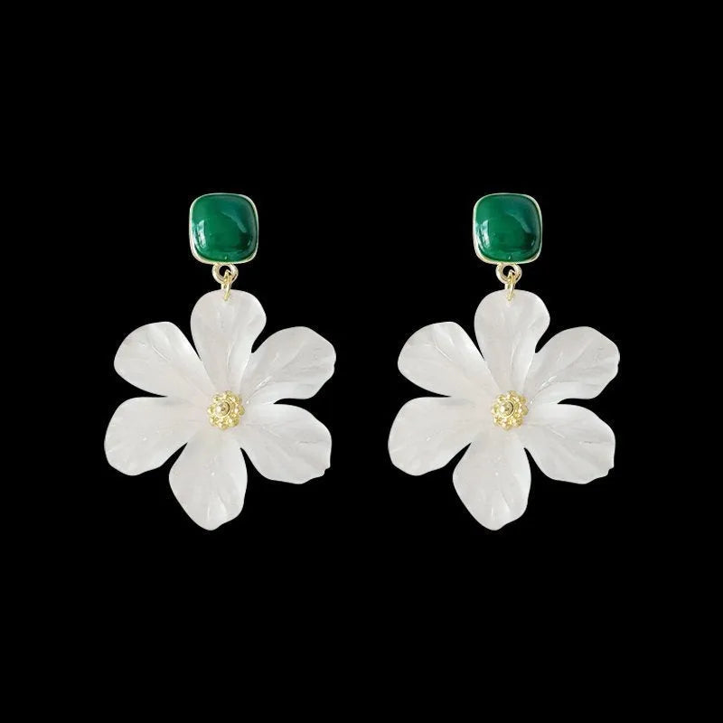Dark green and silver alloy needle flower sweet earrings for women