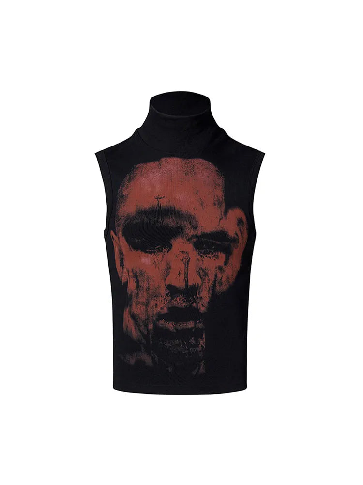 Half turtleneck slim-fit printed sleeveless T-shirt for women in black and white cotton cloth