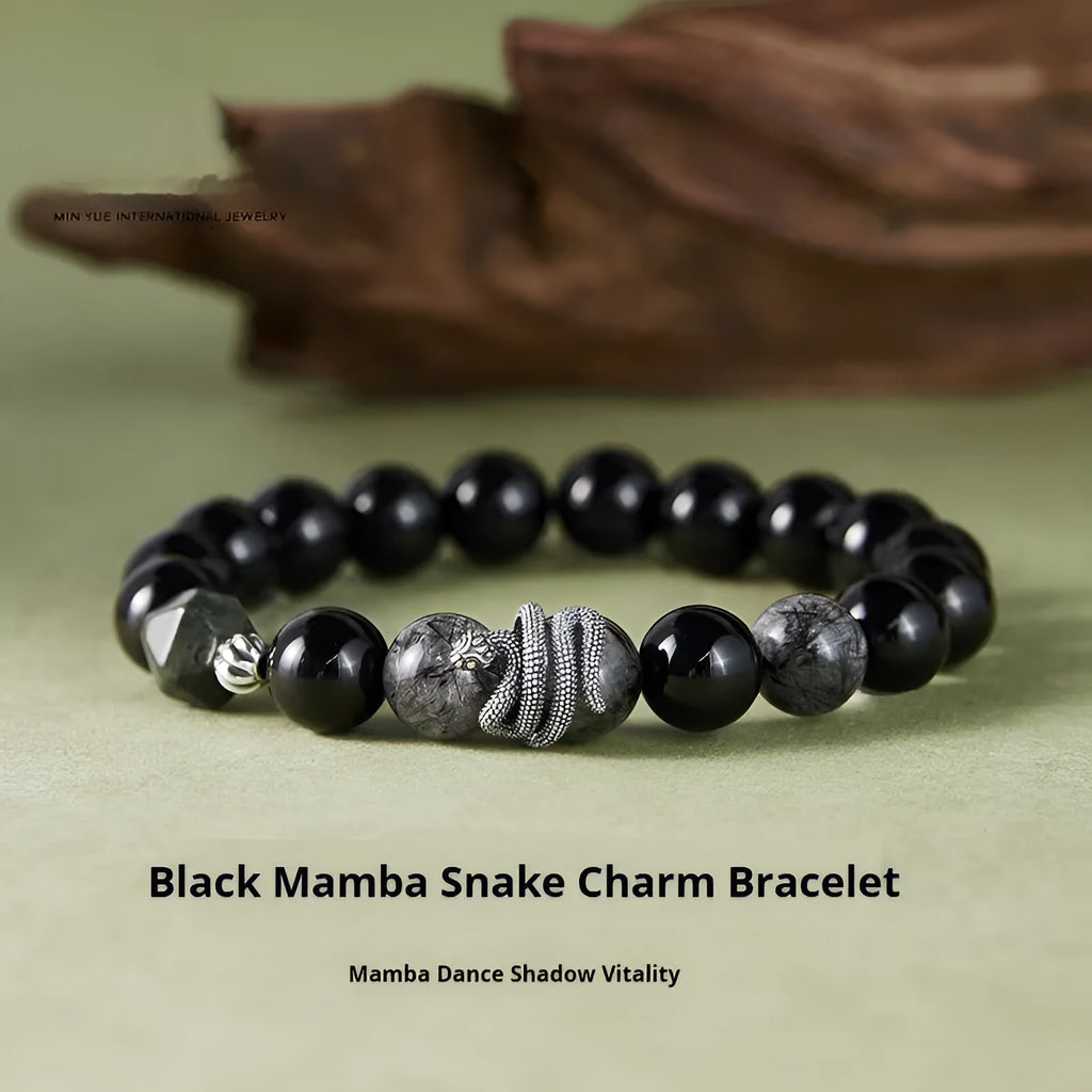 S925 Sterling Silver snake year bracelet with obsidian black hair crystal and retro design