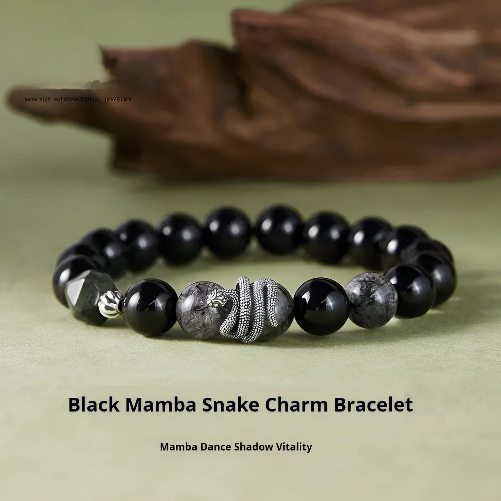 S925 Sterling Silver snake year bracelet with obsidian black hair crystal and retro design