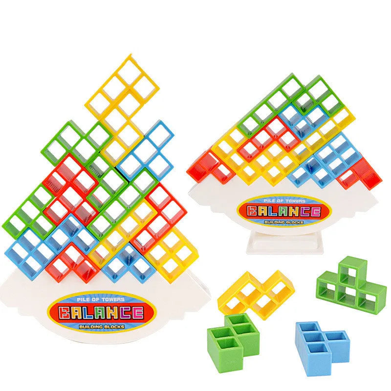 Plastic balance stacking game with colourful building blocks on 26.5cm square chassis