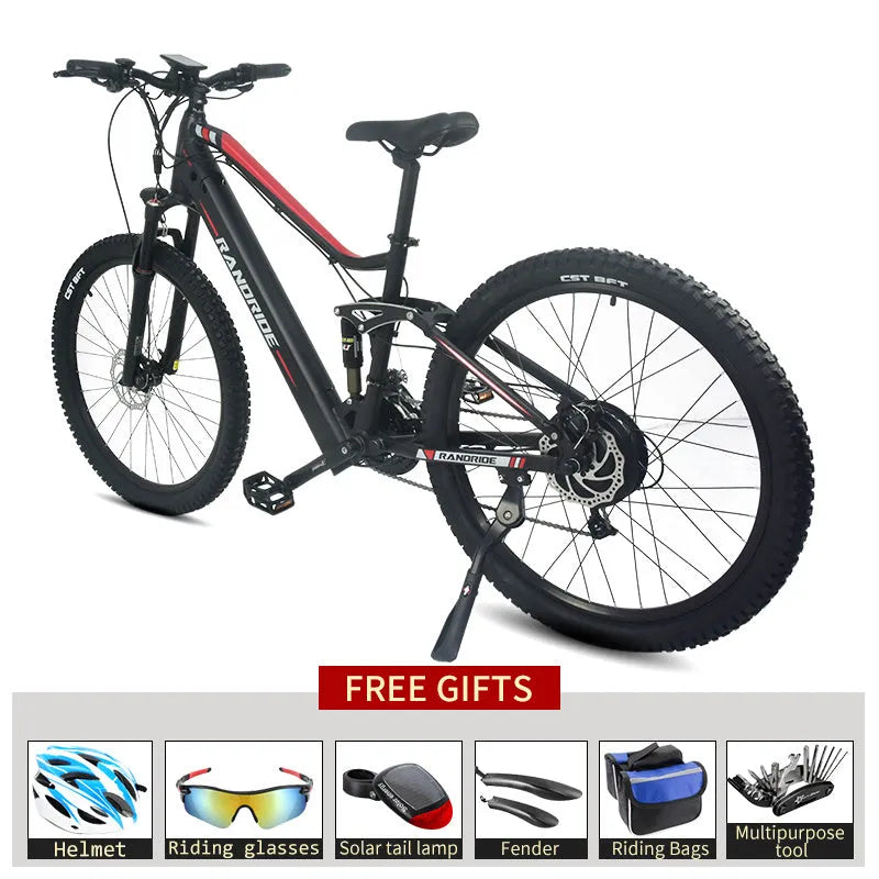 Black red electric mountain bike with full suspension, 27.5 inch wheels, and 750W motor on a dirt trail