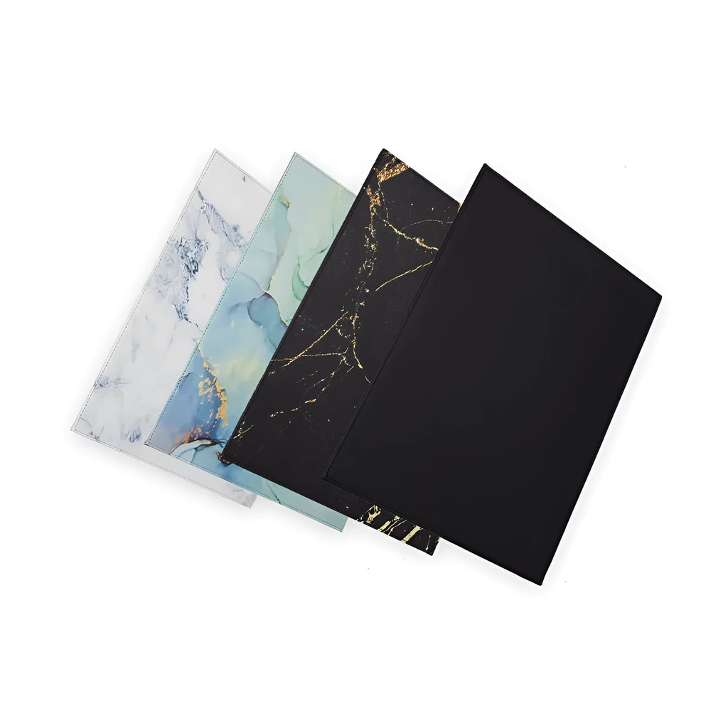 Soft PVC heat-insulating anti-radiation pad for laptops in black, blue, green, and black gold colours.