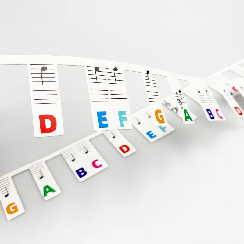 Set of 88 key piano keyboard stickers showing black note and colour note bar designs on white cardboard.