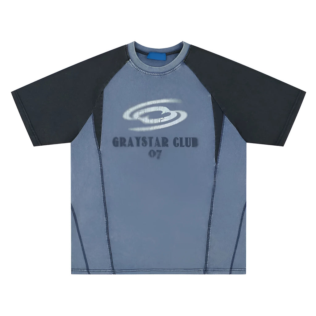 Blue men's hip hop letter print cotton t-shirt with raglan sleeves in loose fit style