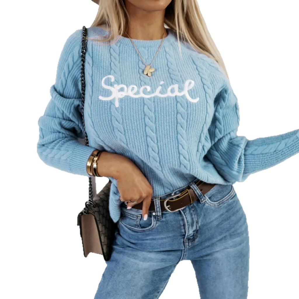 Blue crew neck pullover sweater with embroidered letters design on the chest.