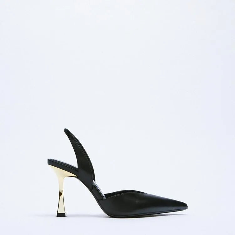 Women's patent leather pointed high heels in apricot colour with shallow open mouth design