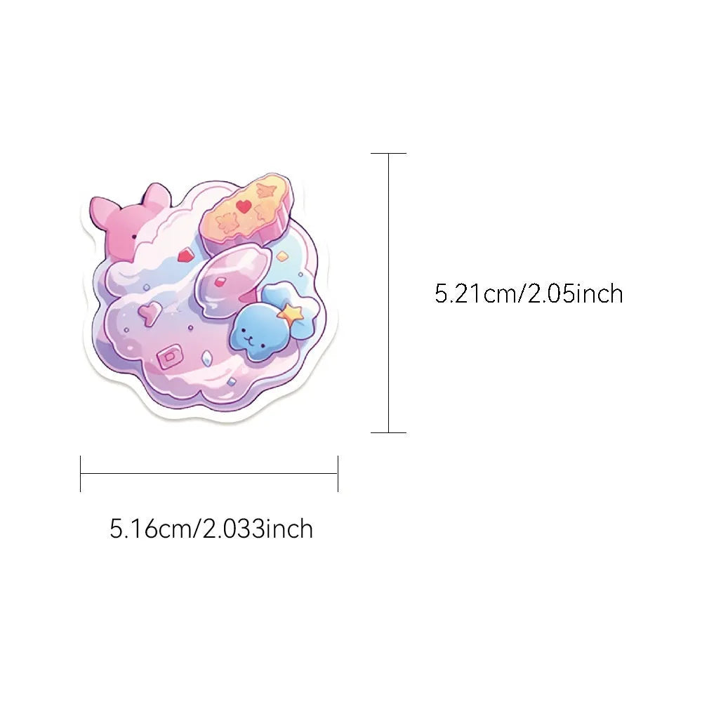 Pack of fresh candy themed cute waterproof decorative stickers, showing varied small object designs between 4 and 7 cm in size.