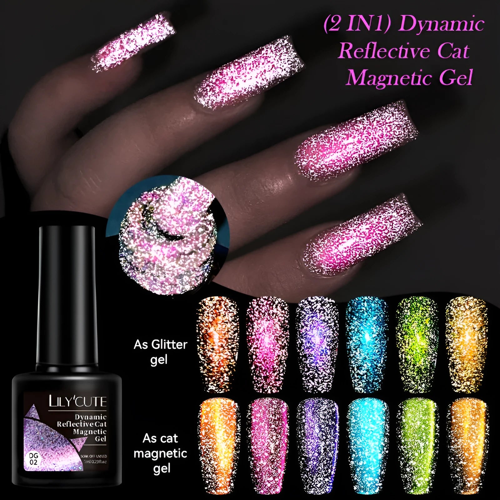 Diamond In The Debris Cat Eye Series UV nail polish gel pots in six glitter colours