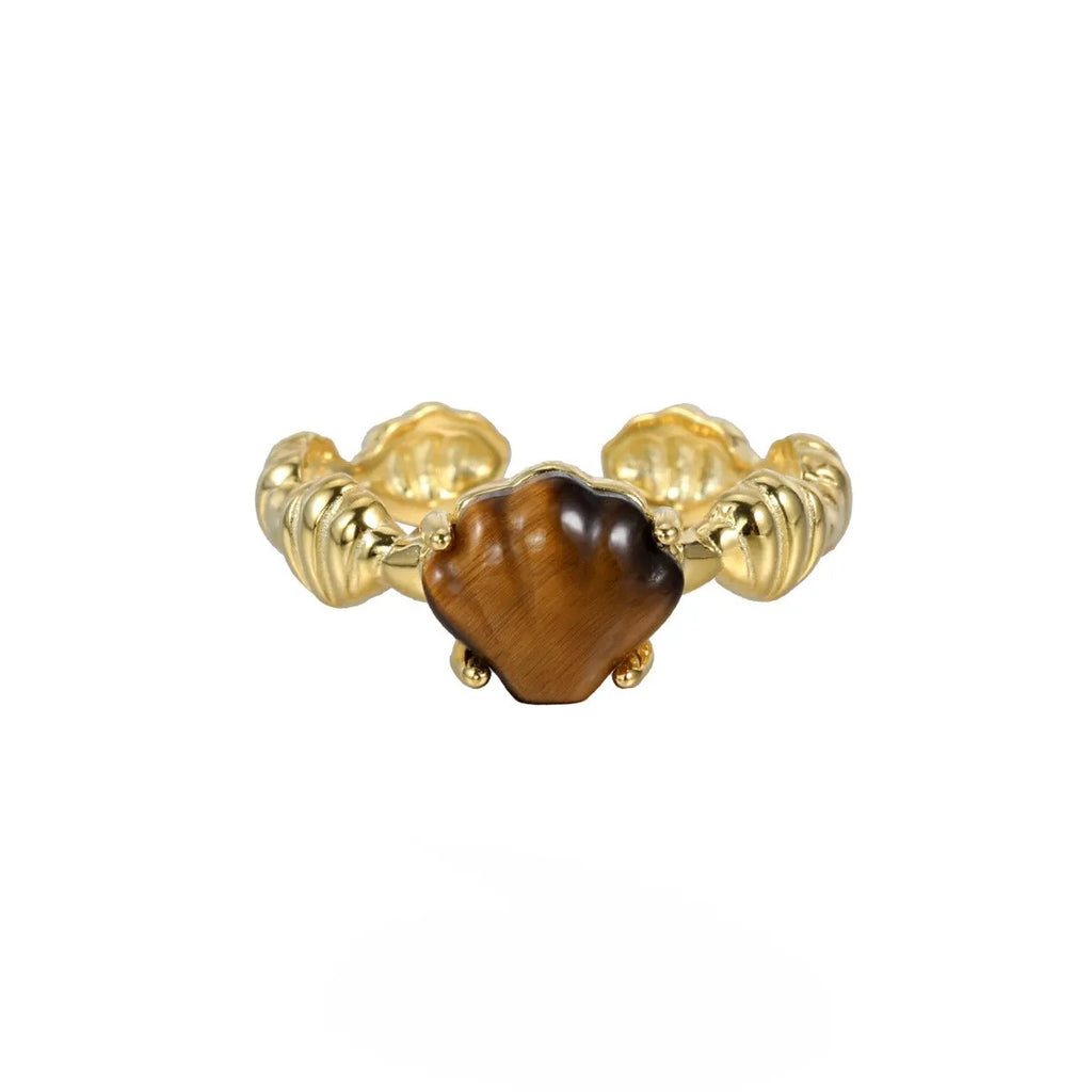 Women's adjustable silver ring with a shell design and set tiger eye gemstone in a gold colour finish.