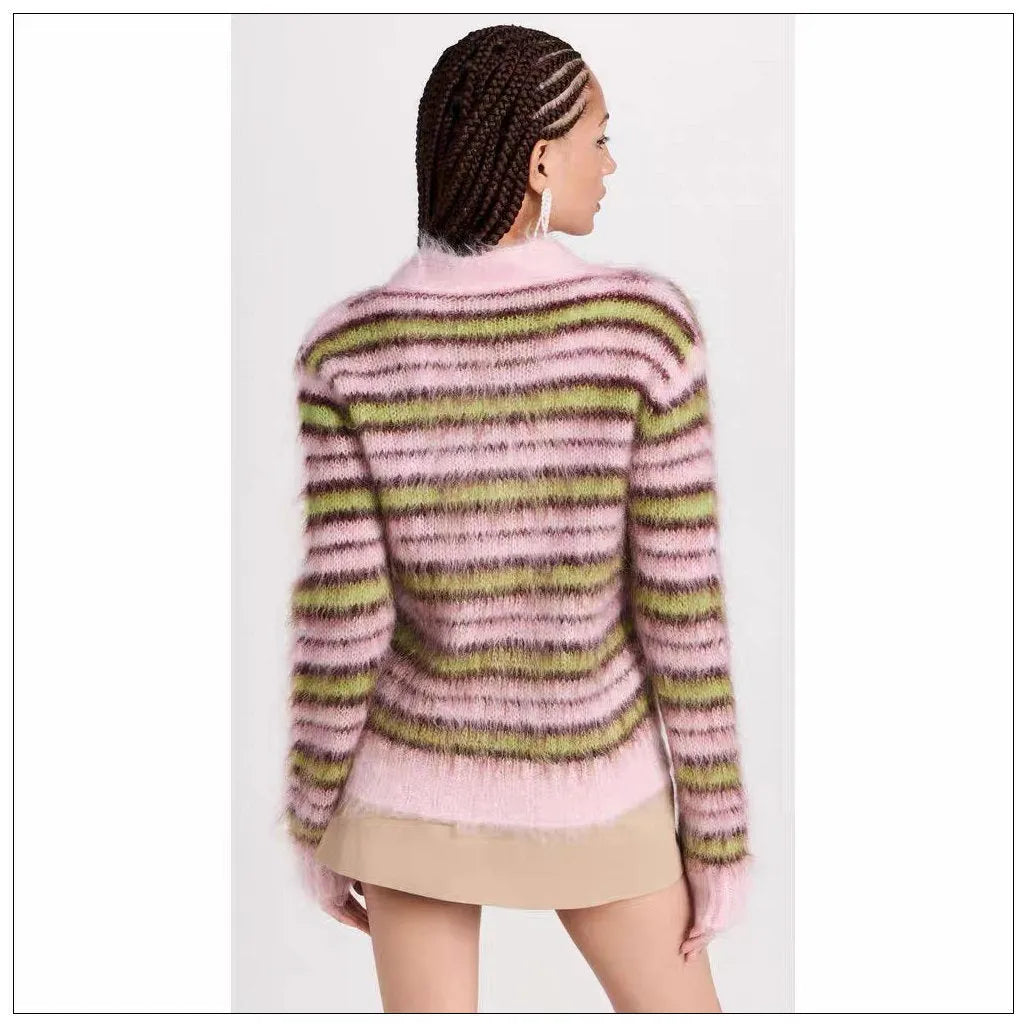 Pink women's wool cardigan with nap texture shown as both pullover and cardigan styles