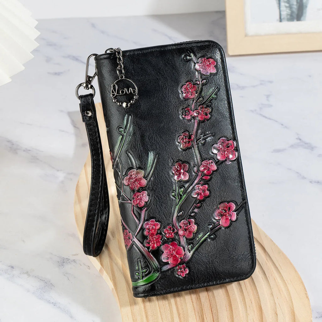 Embossed Chinese style handbag with floral pattern and hand-painted design in brown colour