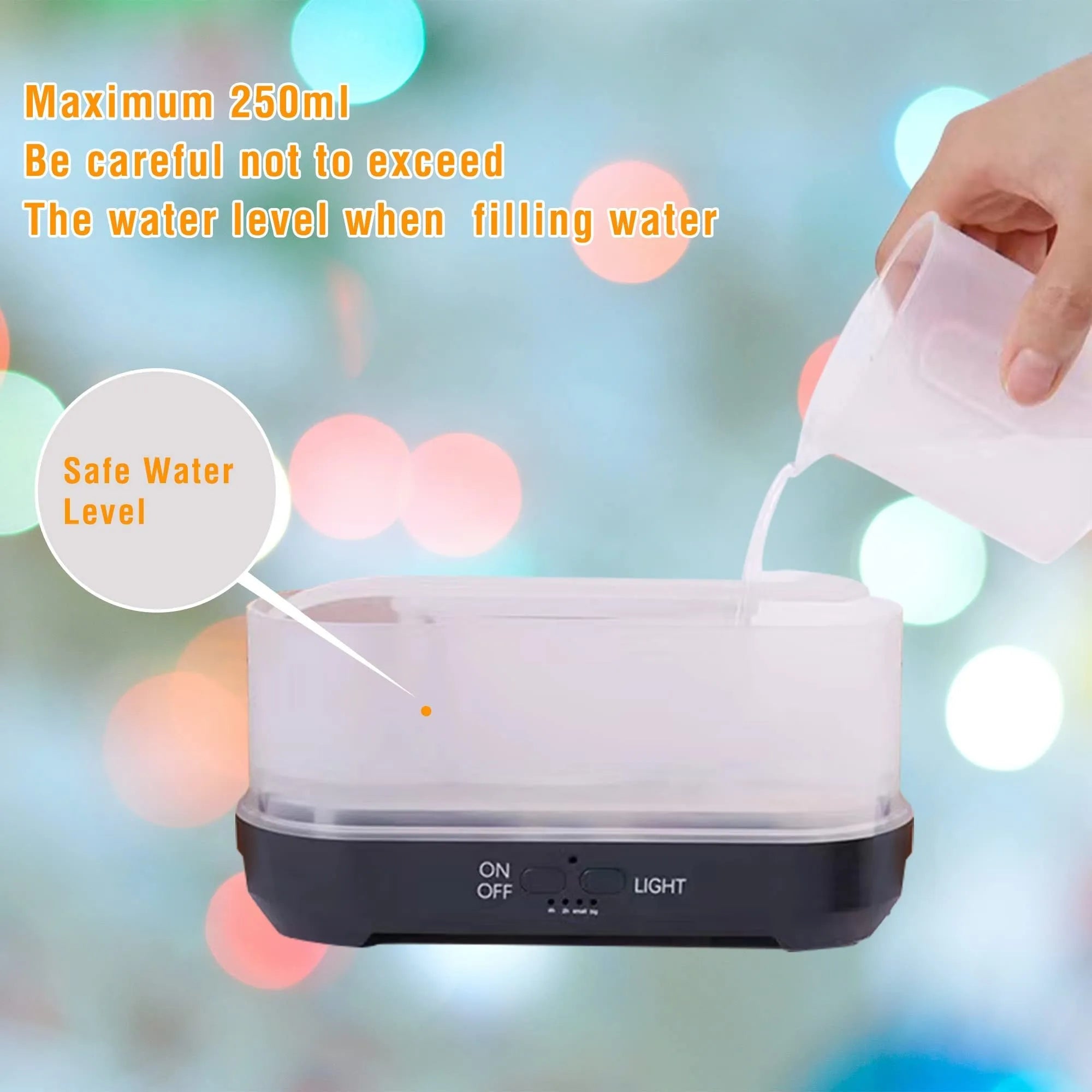 Wood grain snowflake pattern humidifier with colourful flame mist effect on desktop